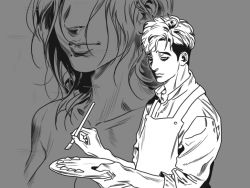Rule 34 | 1boy, 1girl, apron, bags under eyes, collared shirt, eunseo (killing stalking), faceless, faceless female, grey background, greyscale, holding, holding brush, killing stalking, koogi, looking at viewer, male focus, mole, mole under mouth, monochrome, mother and son, official art, oh sangwoo, paintbrush, palette (object), shirt, thick lips, topless, undercut