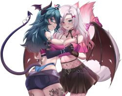 2girls ahoge animal_ear_fluff animal_ears arm_tattoo aruna_reaver back_tattoo bat_wings belt bikini black_belt black_gloves black_horns black_ribbon black_skirt black_tail blue_eyes blue_shorts bow breasts cat_ears cat_tail cleavage collarbone demon_tail elbow_gloves fishnet_pantyhose fishnets glasses gloves gradient_hair gradient_tail green_hair hair_bow head_wings heart_belt heterochromia highleg highleg_bikini highres horns indie_virtual_youtuber kurotsuki_arts large_breasts leg_tattoo long_hair median_furrow multicolored_hair multiple_girls navel neck_ribbon pantyhose parted_lips pink_bow pink_hair pink_tail pleated_skirt pocket purple_eyes ravenna_nya ribbon second-party_source semi-rimless_eyewear short_shorts shorts skirt swimsuit tail tattoo tongue tongue_out virtual_youtuber wings