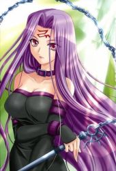 Rule 34 | 00s, bare shoulders, belt, breasts, chain, cleavage, collar, detached sleeves, dress, fate/stay night, fate (series), long hair, medusa (fate), medusa (rider) (fate), pink eyes, purple hair, red eyes, square pupils, staff, strapless, strapless dress, tattoo, very long hair, weapon