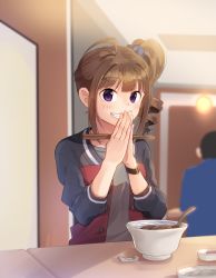 Rule 34 | 1girl, blurry, blush, bowl, brown hair, chopsticks, depth of field, drill hair, holding, holding chopsticks, idolmaster, idolmaster million live!, kamille (vcx68), looking at viewer, parted lips, purple eyes, scrunchie, short hair, side drill, smile, solo, solo focus, spoon, table, teeth, yokoyama nao