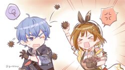 &gt;_&lt; 1boy 1girl anger_vein arm_up atelier_(series) atelier_ryza atelier_ryza_3 beret blue_hair bos_brunnen bowl brown_hair chibi closed_eyes commentary_request emphasis_lines hair_ornament hairclip hari_(gorse6my) hat holding holding_bowl jacket long_sleeves one_eye_closed open_mouth reisalin_stout shirt short_hair speech_bubble spoken_anger_vein sweatdrop throwing upper_body white_hat white_shirt yellow_jacket