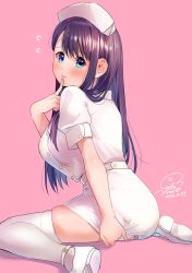 Rule 34 | 1girl, absurdres, blue eyes, blush, closed mouth, covering ass, covering privates, dated, dress, embarrassed, finger to mouth, flying, from behind, geshumaro, hat, highres, index finger raised, long hair, looking at viewer, looking back, nurse, nurse cap, pantylines, pink background, shoes, short dress, signature, simple background, sitting, skindentation, solo, thighhighs, tsubaki-sama wa sakihokore nai, wariza, white dress, white footwear, white hat, white thighhighs
