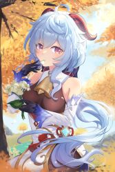 Rule 34 | 1girl, absurdres, ahoge, autumn, bare shoulders, bell, black gloves, blue hair, blush, breasts, chinese knot, detached sleeves, eating flower, flower, flower knot, ganyu (genshin impact), genshin impact, gloves, gold trim, hamuhaoyo, highres, holding, holding flower, horns, long hair, looking at viewer, medium breasts, neck bell, outdoors, purple eyes, qingxin flower, sidelocks, smile, solo, tassel, tree, vision (genshin impact), white flower, white sleeves