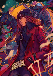 Rule 34 | 1boy, aragaki shinjirou, armband, beanie, black headwear, black pants, black sweater, brown eyes, brown hair, castor (persona), closed mouth, coat, commentary, english commentary, hat, highres, long hair, long sleeves, male focus, open clothes, open coat, pants, persona, persona 3, red armband, red coat, say0ran, sweater, turtleneck, turtleneck sweater, twitter username