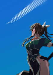 Rule 34 | 1girl, aircraft, black gloves, breasts, brown hair, contrail, day, elbow gloves, from side, gloves, hair ribbon, hand on own hip, highres, kantai collection, long hair, medium breasts, no panties, outdoors, pelvic curtain, profile, ribbon, short sleeves, single elbow glove, sky, smile, solo, tone (kancolle), twintails, white ribbon, yami (m31)