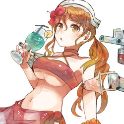 Rule 34 | 1girl, bikini, breasts, brown eyes, brown hair, collarbone, cup, drink, drinking glass, drinking straw, flower, food, fruit, hair flower, hair ornament, hibiscus, holding, holding cup, itomugi-kun, kantai collection, large breasts, littorio (kancolle), long hair, machinery, navel, orange (fruit), orange scrunchie, orange slice, parted lips, red bikini, red flower, red sarong, rigging, sarong, scrunchie, simple background, solo, swimsuit, turret, upper body, white background, wrist scrunchie