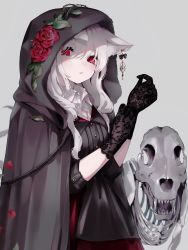 Rule 34 | 1girl, adjusting clothes, adjusting gloves, animal ear fluff, animal ears, animal skull, black gloves, cloak, earrings, expressionless, fangs, flower, flower on head, gloves, grey background, highres, hood, hood up, hooded cloak, jewelry, kairi630, lace, lace gloves, leaf, looking at viewer, monochrome background, original, plant, red eyes, rose, shirt, simple background, single earring, skeleton, sleeves past elbows, thorns, vines, white hair, white shirt, wing collar