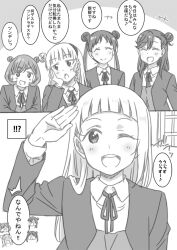 Rule 34 | !, !!, 5girls, ;d, ?, alternate hairstyle, arashi chisato, arm up, blunt bangs, blush, check commentary, closed eyes, closed mouth, comic, commentary, commentary request, double bun, floating head, greyscale, hair between eyes, hair bun, hair down, hair over shoulder, hairband, hand on own cheek, hand on own face, hazuki ren, head rest, heanna sumire, jitome, laughing, long hair, love live!, love live! superstar!!, marugoshi teppei, medium hair, monochrome, multiple girls, musical note, one eye closed, open mouth, outside border, panels, salute, school uniform, shaded face, shibuya kanon, short hair, single side bun, smile, sound effects, speech bubble, spoken musical note, surprised, tang keke, teeth, translated, upper teeth only, white background, window, yuigaoka school uniform