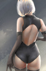 Rule 34 | 1girl, arm at side, arm up, artist name, ass, at pom, back cutout, black gloves, black thighhighs, clothing cutout, cowboy shot, elbow gloves, from behind, gloves, highres, nier (series), nier:automata, short hair, solo, thighhighs, 2b (nier:automata)