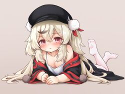 1girl absurdres azur_lane bare_shoulders black_hair black_hat black_jacket blonde_hair blush cabbie_hat camisole collarbone commentary_request crossed_bangs feet_up flat_chest full_body grey_background hair_between_eyes hat highres jacket long_hair long_sleeves looking_at_viewer lying multicolored_hair no_shoes off_shoulder on_stomach open_clothes open_jacket pantyhose parted_lips pom_pom_(clothes) purple_eyes shoboimu sidelocks simple_background soles solo spaghetti_strap streaked_hair the_pose toes two-tone_hair two_side_up variant_set white_camisole white_pantyhose wide_sleeves z9_(azur_lane)