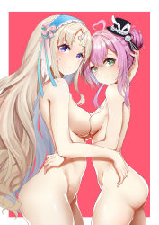 Rule 34 | 2girls, absurdres, ahoge, ass, blonde hair, blush, breast press, breasts, civia, cowboy shot, ctrl+z, from side, green eyes, hair ornament, hairband, heart, heart-shaped pupils, heart ahoge, highres, hololive, hololive china, large breasts, looking at viewer, medium breasts, multiple girls, pink hair, purple eyes, simple background, smile, spade echo, symbol-shaped pupils, symmetrical docking, virtual youtuber, wavy hair