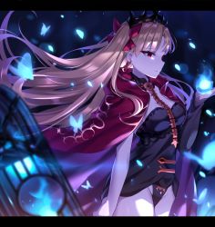 Rule 34 | 1girl, absurdres, between breasts, birdcage, black leotard, blonde hair, blue fire, bow, breasts, bug, butterfly, cage, cape, cleavage, detached collar, earrings, ereshkigal (fate), fate/grand order, fate (series), fire, gold trim, hair bow, heiyan shenshi, highres, infinity symbol, insect, jewelry, leotard, long hair, medium breasts, parted bangs, parted lips, red bow, red cape, red eyes, skull, solo, spine, tiara, two side up
