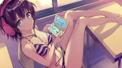 Rule 34 | 10s, 1girl, bare arms, bare legs, bare shoulders, barefoot, between breasts, bikini, blue eyes, breasts, chair, classroom, closed mouth, collarbone, desk, dutch angle, end card, feet, feet on table, female focus, from above, gamers!, handheld game console, headphones, highres, hoshinomori chiaki, indoors, legs, legs up, looking at viewer, looking up, navel, neck, new nintendo 3ds, ninomoto, nintendo, nintendo 3ds, official art, on desk, on table, playing games, purple hair, school, school desk, short hair, small breasts, smile, solo, striped bikini, striped clothes, sunset, swimsuit, table