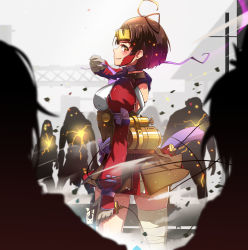 Rule 34 | 1girl, bad id, bad pixiv id, bandages, bow, brown eyes, brown hair, choker, cowboy shot, gloves, grey gloves, grin, highres, holding, holding weapon, koutetsujou no kabaneri, looking at viewer, looking back, lucky (1045044604), miniskirt, mumei (kabaneri), purple bow, purple ribbon, ribbon, ribbon choker, short hair, skirt, smile, standing, weapon