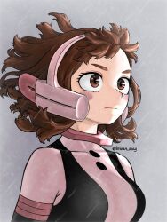 Rule 34 | 1girl, blush, boku no hero academia, breasts, brown eyes, brown hair, closed mouth, collarbone, grey background, headgear, highres, imoan atag, large breasts, looking to the side, rain, short hair, simple background, solo, tight clothes, twitter username, uraraka ochako, water drop, wind