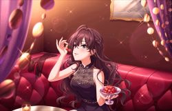 Rule 34 | 1girl, :3, ahoge, artist request, bare shoulders, black dress, blue eyes, breasts, brown hair, candle, cherry, cleavage, collarbone, couch, crazy crazy (idolmaster), dress, earrings, elbow gloves, food, fruit, gloves, unworn gloves, ichinose shiki, idolmaster, idolmaster cinderella girls, idolmaster cinderella girls starlight stage, jewelry, lace, long hair, looking at viewer, makeup, medium breasts, official art, see-through, see-through cleavage, sitting, sleeveless, sleeveless dress, smile, solo, table, wavy hair