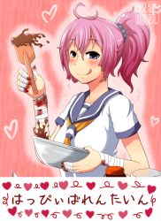 Rule 34 | 1girl, aoba (kancolle), bandages, blood, chocolate, hair between eyes, heart, kantai collection, kyouran souryuu, messy hair, pink hair, ponytail, purple eyes, school uniform, smile, tongue, tongue out, valentine, yandere