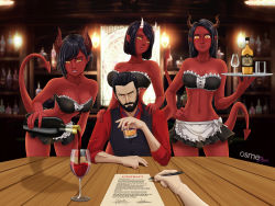 Rule 34 | 1boy, 3girls, absurdres, alcohol, bar (place), beard, black hair, bottle, breasts, colored skin, contract, demon, demon girl, facial hair, formal, highres, maid, multiple girls, osmedraw, red skin, self-upload, suit, whiskey, wine, yellow eyes