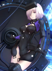 Rule 34 | 1girl, armor, black gloves, black leotard, blue sky, bodysuit, breasts, breasts apart, cleavage, cleavage cutout, clothing cutout, cloud, cloudy sky, cowboy shot, diffraction spikes, fate/grand order, fate (series), faulds, from side, gloves, glowing, gorget, greaves, groin, hair over one eye, head-mounted display, headgear, highres, holding, legs together, leotard, light purple hair, looking at viewer, mash kyrielight, mash kyrielight (ortenaus), medium breasts, mountainous horizon, night, night sky, outdoors, pale skin, parted lips, pauldrons, purple eyes, shield, shigure s, short hair, shoulder armor, sky, solo, standing, star (sky), starry sky