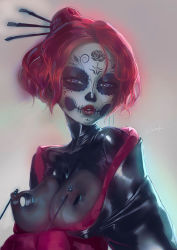 Rule 34 | 1=2, 1girl, artist request, bdsm, blush, bodysuit, breast piercing, breastless bodysuit, breastless clothes, breasts, breasts out, dia de muertos, eyeshadow, face paint, facing viewer, gauged areolae, gradient background, grey background, hair bun, latex, lipstick, looking at viewer, makeup, mask, nipple piercing, original, piercing, portrait, red lips, simple background, single hair bun, skin tight, skull, small breasts, upper body