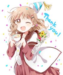 Rule 34 | 1girl, ;d, birthday, bouquet, brown eyes, commentary request, confetti, cup, dress, drinking glass, fang, flower, hair ornament, hairpin, hat, latte art, layered sleeves, light brown hair, long sleeves, looking at viewer, namori, one eye closed, oomuro sakurako, open mouth, party hat, sailor collar, sailor dress, school uniform, serafuku, short over long sleeves, short sleeves, smile, solo, striped clothes, striped headwear, teacup, thank you, vase, yuru yuri, ||/