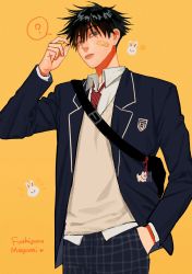 Rule 34 | 1boy, ?, absurdres, bag, bandaid, bandaid on face, black hair, blue jacket, character name, earrings, eyelashes, fushiguro megumi, green eyes, hair between eyes, hand in own hair, hand in pocket, highres, jacket, jewelry, jujutsu kaisen, li chestnuts, lips, long sleeves, looking at viewer, male focus, necktie, open clothes, open jacket, pants, school bag, school uniform, shirt, short hair, single earring, solo, spiked hair, spoken question mark, standing, vest, white shirt, yellow background