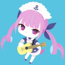 Rule 34 | 1girl, anchor, bad id, bad pixiv id, basa rutan, blue background, blue dress, blue footwear, blue hair, blue ribbon, blush stickers, bow, braid, chibi, colored inner hair, commentary request, dress, frilled socks, frills, full body, gloves, guitar, hair ribbon, heart-shaped mouth, highres, holding, holding instrument, hololive, instrument, kemonomimi mode, long hair, maid headdress, minato aqua, minato aqua (1st costume), multicolored hair, puffy short sleeves, puffy sleeves, purple eyes, purple hair, ribbon, shoes, short sleeves, show by rock!!, simple background, socks, solo, tail, twintails, two-tone hair, very long hair, virtual youtuber, white bow, white gloves, white socks