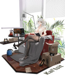 Rule 34 | 1girl, absurdres, animal ear fluff, animal ears, arknights, armchair, bare shoulders, black footwear, black pantyhose, book, box, breasts, cardboard box, cat ears, chair, character name, chinese commentary, cleavage, closed mouth, coffee pot, collarbone, commentary request, computer, couch, crossed legs, cup, dated, earrings, female focus, green eyes, high heels, highres, holding, holding book, indoors, jewelry, kal&#039;tsit (arknights), laptop, large breasts, leaf, looking at viewer, material growth, medium hair, mole, mole on breast, mug, no bra, off shoulder, on couch, open book, open clothes, open shirt, oripathy lesion (arknights), pantyhose, patent heels, plant, potted plant, pumps, sabou san-shitsu kokoro, see-through, shirt, shoes, short hair, sitting, sleeves rolled up, smile, solo, stiletto heels, thighband pantyhose, thighs, unworn shoes, water boiler, white hair, white shirt, wristband