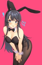 Rule 34 | 10s, 1girl, :p, absurdres, animal ears, bad id, bad pixiv id, black bow, black hair, black hairband, black leotard, black pantyhose, blush, bow, bowtie, breasts, cleavage, detached collar, fake animal ears, goumudan, hairband, hands on own thighs, heart, highres, large breasts, leaning forward, leotard, long hair, looking at viewer, pantyhose, playboy bunny, purple eyes, rabbit ears, red background, sakurajima mai, seishun buta yarou, simple background, smile, solo, strapless, strapless leotard, swept bangs, tongue, tongue out, wrist cuffs