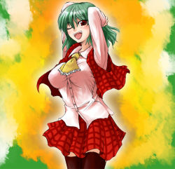 Rule 34 | 1girl, ;d, arms up, ascot, black thighhighs, breasts, fechirin, female focus, green hair, impossible clothes, impossible shirt, kazami yuuka, large breasts, one eye closed, open mouth, plaid, plaid skirt, plaid vest, red eyes, shirt, short hair, skirt, skirt set, smile, solo, taut clothes, taut shirt, thighhighs, touhou, vest, wink, zettai ryouiki