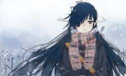 Rule 34 | 10s, 1girl, black hair, blush, breath, coat, hair over one eye, hands in pockets, hayashimo (kancolle), kantai collection, long hair, looking at viewer, scarf, sketch, snow, solo, upper body, very long hair, winter clothes, winter coat, yomosaka