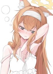 Rule 34 | 1girl, amaton707, animal ear fluff, animal ears, armpits, blue archive, blue eyes, blush, camisole, closed mouth, collarbone, halo, long hair, mari (blue archive), orange hair, simple background, solo, white background, white camisole, yellow halo