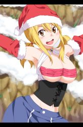 Rule 34 | 1girl, blonde hair, blush, breasts, breasts out, brown eyes, fairy tail, gaston18, highres, lucy heartfilia, open mouth, santa costume, smile, solo, tape