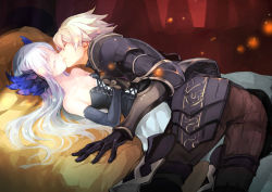 Rule 34 | 1boy, 1girl, arm support, armor, bare shoulders, bed, bent over, black gloves, breasts, cleavage, closed eyes, closed mouth, colored eyelashes, couple, cross-laced clothes, dress, feather hair ornament, feathered wings, feathers, formal, gin (oyoyo), gloves, gwendolyn (odin sphere), hair ornament, head wings, hetero, highres, kiss, light particles, long hair, lying, lying on person, md5 mismatch, medium breasts, odin sphere, on back, on bed, oswald, pants, pauldrons, profile, short hair, shoulder armor, strapless, strapless dress, white hair, wings