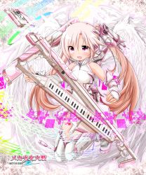 Rule 34 | 1girl, akino coto, blush, brown hair, highres, instrument, keyboard (instrument), long hair, mecha shoujo taisen z, open mouth, pink eyes, smile, solo, twintails, white wings, wings
