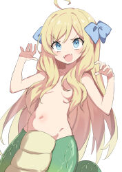 Rule 34 | 1girl, :d, absurdres, ahoge, blonde hair, blue bow, blue eyes, bow, breasts, claw pose, fangs, gazacy (dai), hair bow, hair over breasts, highres, jashin-chan, jashin-chan dropkick, lamia, long hair, monster girl, navel, open mouth, simple background, small breasts, smile, solo, stomach, topless, white background