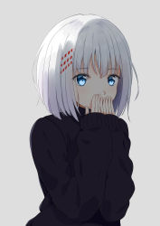 Rule 34 | 1girl, absurdres, black sweater, blue eyes, covering own mouth, date a live, grey background, hair ornament, highres, long sleeves, misaka (2394428643), short hair, silver hair, simple background, solo, sweater, tobiichi origami, upper body