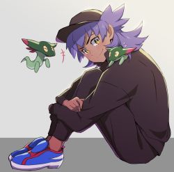 Rule 34 | &gt; &lt;, +++, 1boy, absurdres, aged down, baseball cap, blue footwear, blush, bright pupils, closed mouth, commentary request, creatures (company), dark-skinned male, dark skin, dreepy, flying sweatdrops, from side, game freak, gen 8 pokemon, hat, highres, jacket, leon (pokemon), looking to the side, male focus, nintendo, pants, pokemon, pokemon (anime), pokemon (creature), pokemon journeys, purple hair, shoes, sitting, smile, solo, white pupils, yellow eyes, yunoru
