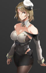 Rule 34 | 1girl, ayakumo, black legwear, black skirt, breasts, brown eyes, cleavage, corset, cowboy shot, detached sleeves, grey background, highres, houston (kancolle), kantai collection, large breasts, light brown hair, lips, looking at viewer, military, military uniform, pencil skirt, short hair, simple background, skirt, solo, uniform