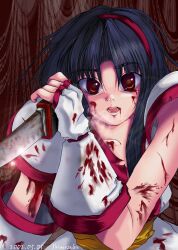 Rule 34 | 1girl, ainu clothes, artist name, black hair, blood, brown eyes, fighting stance, fingerless gloves, gloves, hair ribbon, highres, injury, long hair, looking at viewer, nakoruru, open mouth, ribbon, samurai spirits, snk, solo, the king of fighters, tongue, torn clothes, traditional media, weapon