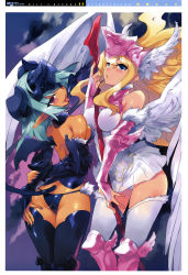 Rule 34 | 2girls, :p, absurdres, angel, angel and devil, angel wings, blonde hair, blue eyes, blue hair, boots, dark-skinned female, dark skin, demon, demon girl, demon tail, detached sleeves, girl&#039;s avenue, hat, highres, long hair, megami magazine, multiple girls, non-web source, official art, panties, pink eyes, pointy ears, tail, thighhighs, tongue, tongue out, twintails, underwear, usatsuka eiji, wings