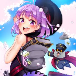 Rule 34 | 1girl, :d, alcoholrang, animal, backpack, bag, beret, blue sky, book, cape, cherry blossoms, cow, day, fate/grand order, fate (series), hat, helena blavatsky (fate), open mouth, purple eyes, purple hair, sky, smile, solo, teeth, ufo
