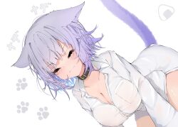 Rule 34 | 1girl, :3, absurdres, ahoge, animal ear fluff, animal ears, animal hands, black collar, blush, breasts, cat ears, cat girl, cat paw, cat tail, cleavage, closed eyes, collar, food, highres, hololive, large breasts, looking at viewer, medium hair, naked shirt, nekomata okayu, nekomata okayu (oversized shirt), onigiri, purple hair, reine (reineko6), shirt, simple background, smile, tail, unbuttoned, unbuttoned shirt, virtual youtuber, white shirt