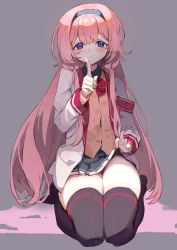 Rule 34 | 1girl, armband, black skirt, black thighhighs, blush, bow, bowtie, clothes lift, full body, grey background, hair between eyes, hairband, heart, heart in eye, index finger raised, indoors, jacket, lifting own clothes, long hair, long sleeves, looking at viewer, miniskirt, nijisanji, open clothes, open jacket, pink hair, purple eyes, red bow, red bowtie, school uniform, seinen, seiza, sitting, skirt, skirt lift, solo, suo sango, suo sango (1st costume), symbol in eye, thighhighs, thighs, very long hair, virtual youtuber, white jacket, zettai ryouiki