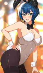 Rule 34 | 1girl, animal ears, black bow, black bowtie, black pantyhose, blue hair, bow, bowtie, breasts, cerise (epic seven), commentary request, covered navel, detached collar, epic seven, green eyes, hand on own hip, highres, large breasts, leotard, looking at viewer, pantyhose, playboy bunny, rabbit ears, rabbit tail, rin ateria, short hair, solo, strapless, strapless leotard, tail, thighband pantyhose, white leotard, wrist cuffs