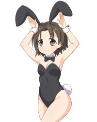 Rule 34 | 1girl, absurdres, animal ears, bare legs, black bow, black bowtie, black leotard, bow, bowtie, breasts, brown eyes, brown hair, closed mouth, commentary, covered navel, cowboy shot, detached collar, fake animal ears, fake tail, girls und panzer, highres, leotard, looking to the side, moozak, parted bangs, playboy bunny, rabbit ears, rabbit pose, rabbit tail, sawa azusa, short hair, simple background, small breasts, smile, solo, standing, strapless, strapless leotard, tail, white background, wrist cuffs