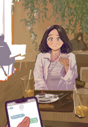 Rule 34 | 1girl, 3others, blush, brown hair, cafe, cake, cake slice, cellphone, drinking straw, food, fork, glass, highres, holding, holding phone, indoors, jacket, looking at viewer, medium hair, multiple others, open clothes, open jacket, original, phone, plate, pov, shirt, smartphone, some1else45, striped clothes, striped shirt, table, tray, white jacket