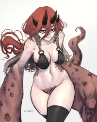 Rule 34 | 1girl, bra, breasts, catleya (kreadorsito), horns, limn044, medium breasts, monster girl, monster tail, original, red eyes, red hair, revealing clothes, signature, simple background, smile, solo, tail, thighhighs, thighs, underwear, white background