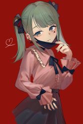 Rule 34 | 1girl, bad id, bad pixiv id, black bow, black nails, black skirt, blood, blood from mouth, bow, closed mouth, collared shirt, commentary, dress shirt, ear piercing, earrings, frilled shirt collar, frills, green hair, grey eyes, hair bow, hand up, hatsune miku, heart, highres, jewelry, long sleeves, looking at viewer, mask, mask pull, mouth mask, nail polish, piercing, pink shirt, pleated skirt, puffy long sleeves, puffy sleeves, red background, shirt, simple background, skirt, sleeves past wrists, solo, suketoudara (artist), twintails, vampire (vocaloid), vocaloid