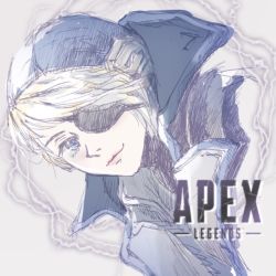 Rule 34 | 1girl, animification, apex legends, black headwear, blonde hair, blue eyes, blue jacket, copyright name, cropped torso, deep current wattson, eyepatch, grey background, ichigo jam, jacket, logo, looking to the side, official alternate costume, portrait, sketch, smile, solo, wattson (apex legends)
